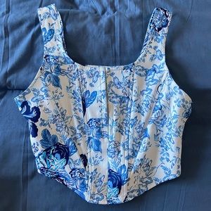 Cropped Corset Top - Blue and White Floral